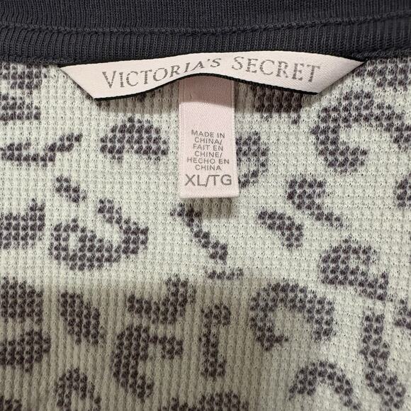 Victorias Secret Thermal‎ Pajama Set Sz XL Gray Leopard Henley Waffle Knit - Picture 3 of 10